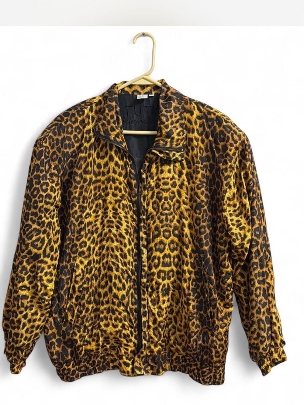 Retro Fuda Women's Leopard Print Bomber Jacket - Yellow & Black 100% Silk Size M